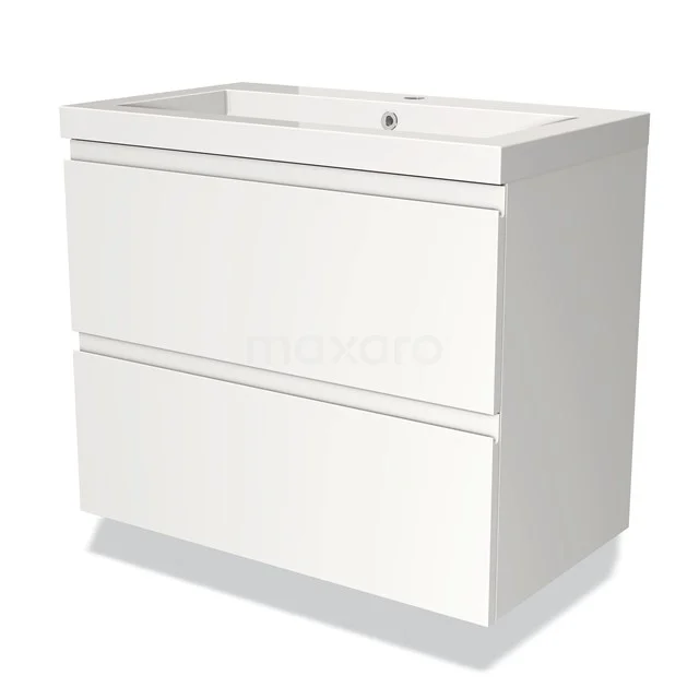 Witte badkamermeubel met twee lades, strak design, ideaal voor moderne badkameropslag en voorzien van een keramische wastafel.