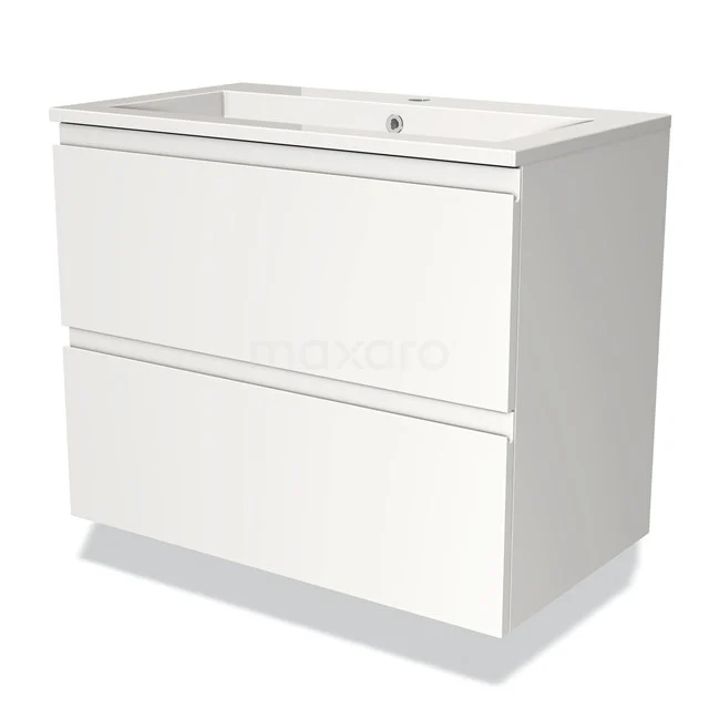 Wit badkamermeubel met twee lades, strak design, hoogglans afwerking en ingebouwde wastafel, ideaal voor moderne badkamers.