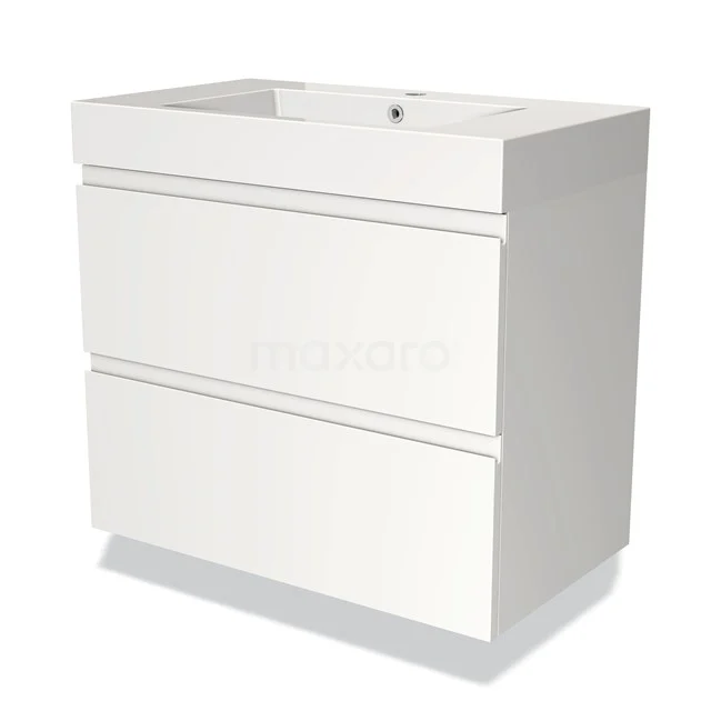 Badmöbel 80cm Modulo Matt Weiß 2 Schubladen Griffloses Waschbecken Mineralguss BMW17-01436 Weißes Badezimmermöbel mit modernen klaren Linien, zwei Schubladen und integriertem Waschbecken aus Keramik.