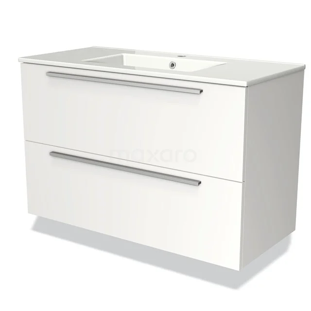 Wit badkamermeubel met twee lades, geïntegreerde wasbak en moderne chromen handgrepen, ideaal voor een strakke badkamerstijl.