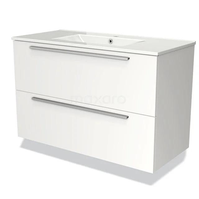 Witte badkamerkasten set met twee brede lades, modern design, gladde afwerking en geïntegreerde wastafel.
