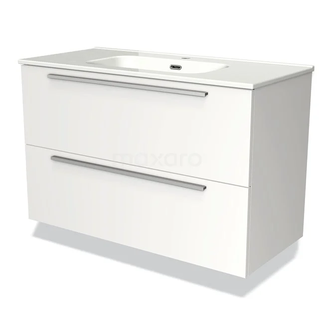 Witte badkamermeubelset met keramische wastafel, 2 lades, strakke handgrepen en modern design.
