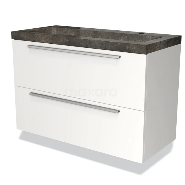 Modern white bathroom furniture set with two drawers and a dark grey stone basin worktop. Elegant and practical design.