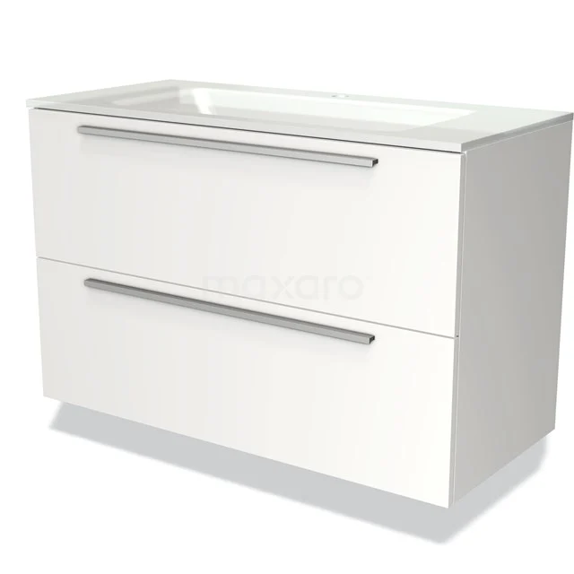 Modulo Bathroom furniture with sink | 100 cm Matte white Flat front Glass 2 Stacked drawers BMW17-01444 White bathroom unit with two drawers, slim metal handles and modern design, perfect for stylish bathroom design.