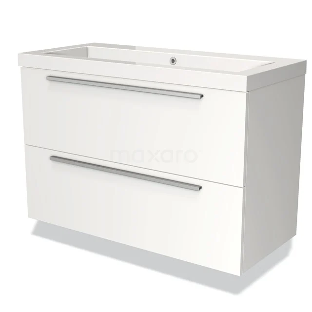 Wit wastafelmeubel met twee softclose lades, modern design en chromen handgrepen, ideaal voor stijlvolle badkameropslag.