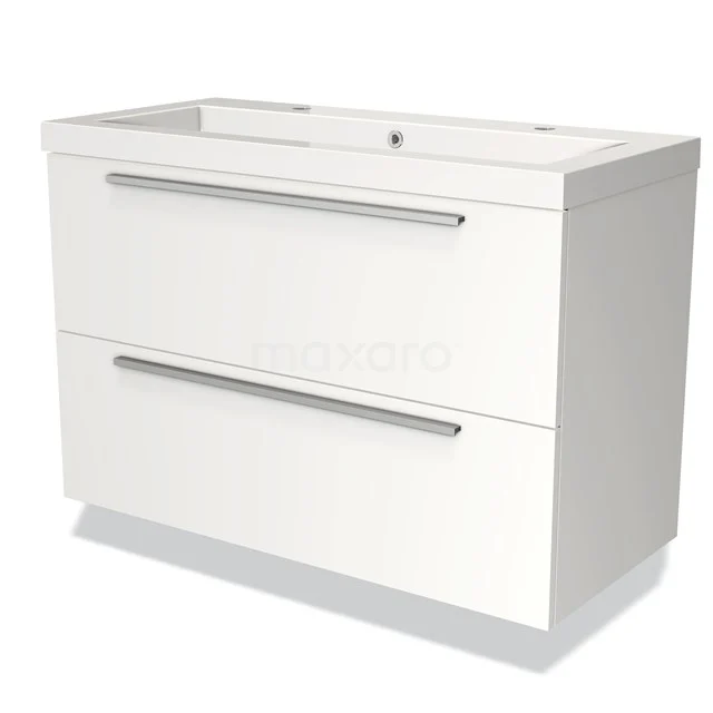 Wit badkamermeubel met twee lades, modern design, glanzende afwerking en geïntegreerde wastafel van keramiek.