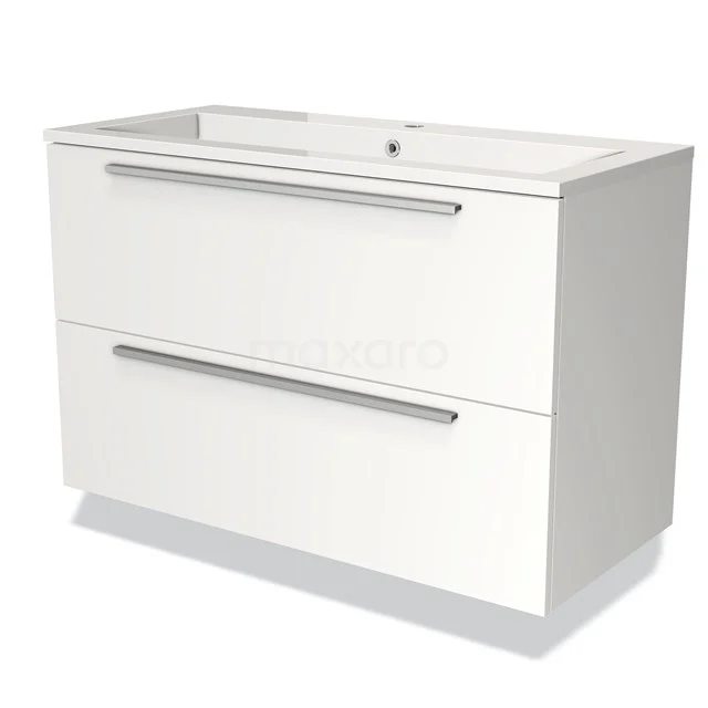 Witte badkamermeubel met twee softclose lades, moderne rechthoekige vorm en geïntegreerde keramische wastafel.