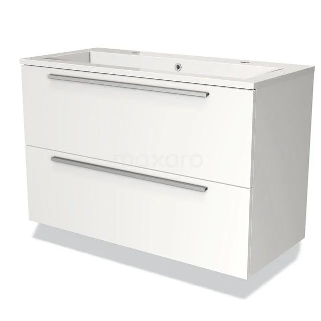 Witte badkamerkast met twee ruime lades, modern design en geïntegreerde wastafel, ideaal voor badkameropslag.