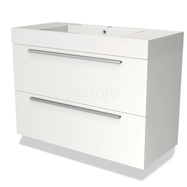 Witte wastafel met twee lades, glanzend afwerking, modern design, ideaal voor badkameropslag.