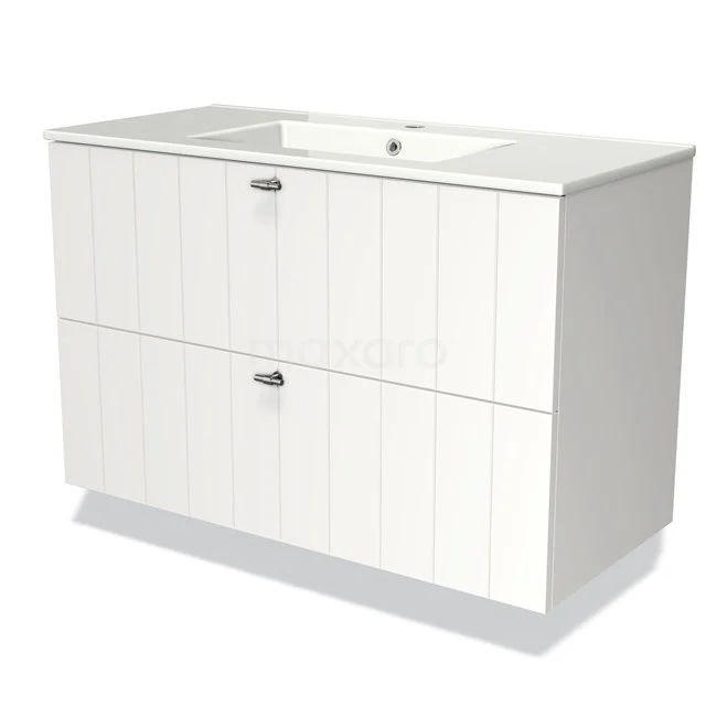 Wit badkamermeubel met dubbele lades, verticale groeven en geïntegreerde wastafel, modern ontwerp in stevig MDF.