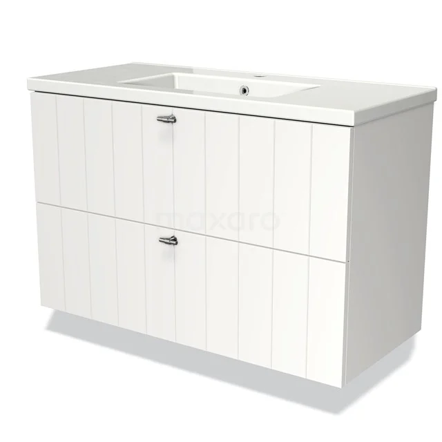 White wooden bathroom unit with two drawers, integrated vanity units with basin and vertical groove details, perfect for modern bathrooms.