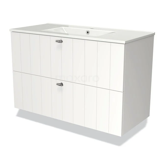 White bathroom unit with wood-look panels, wide drawers and integrated basin, perfect for a modern bathroom design.