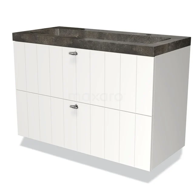 Wit badkamermeubel met antraciet stenen wastafel, dubbele lade en verticale lijnen, modern design voor stijlvolle badkamers.