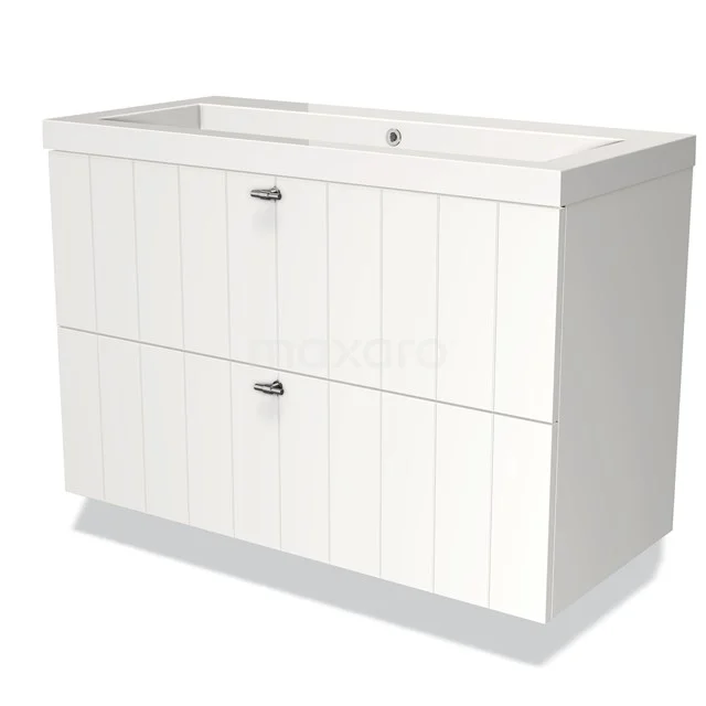 Witte houten wastafelmeubel met dubbele lades, minimalistisch ontwerp, ideaal voor moderne badkameropslag.