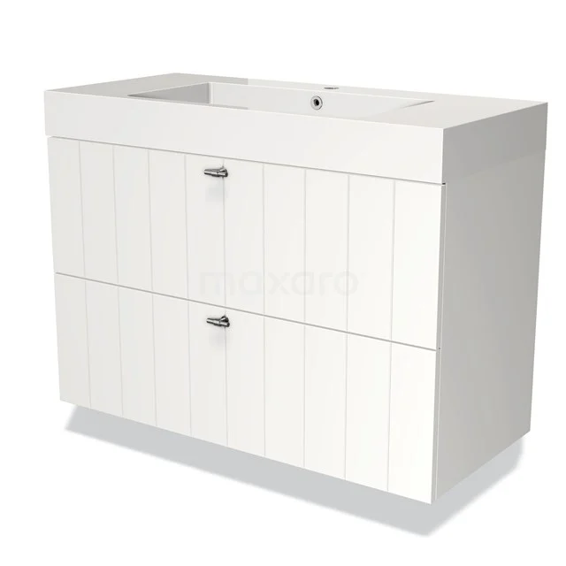 Wit houten badkamermeubel met twee lades en sierlijke verticale groeven, ideaal voor een stijlvolle en strakke badkamerinrichting.