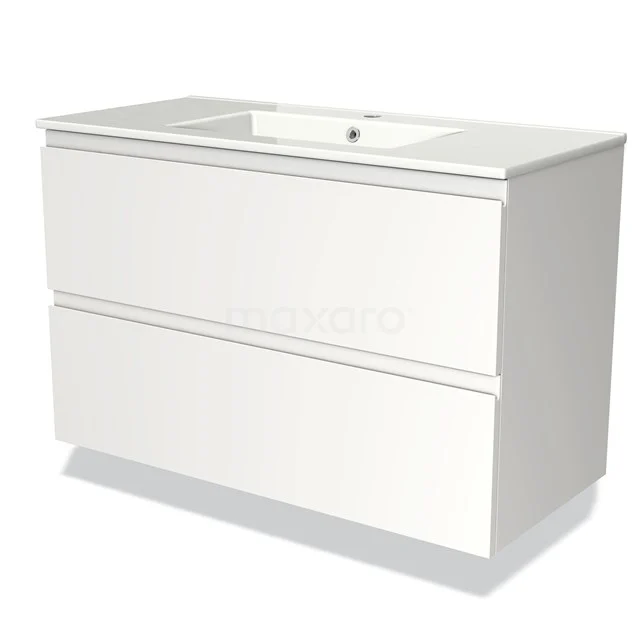 White hanging bathroom unit with two drawers, matte finish, including integrated vanity units with basin made of ceramic.