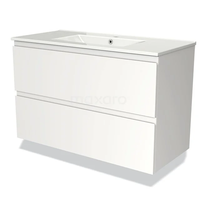 Wit hangend badkamermeubel met twee softclose lades, keramische wastafel en strak design voor moderne badkamers.