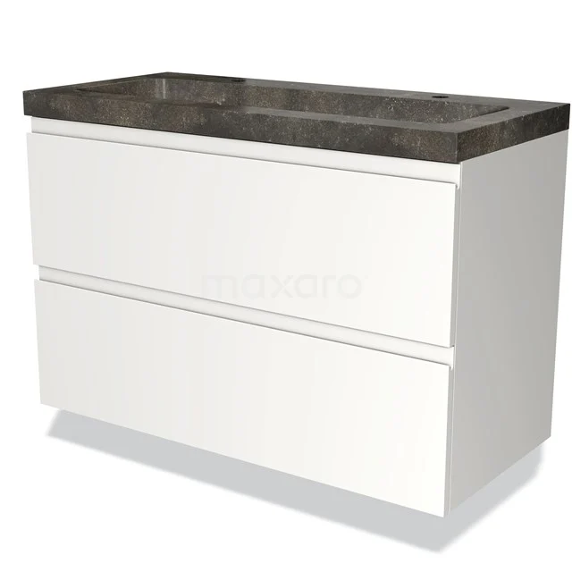 Weißes Badezimmermöbel mit zwei Schubladen und einer anthrazitfarbenen Waschtischplatte, modernes Design.