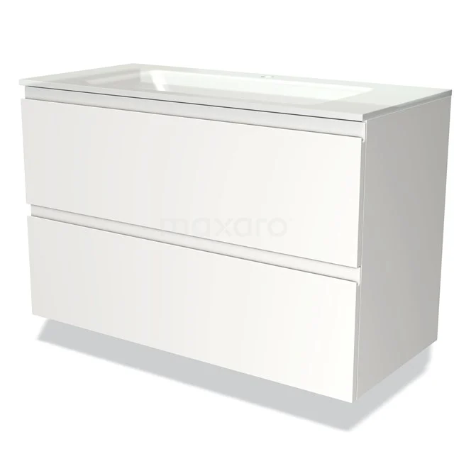 White wooden bathroom unit with two drawers, clean design and light finish, ideal for modern bathroom design.