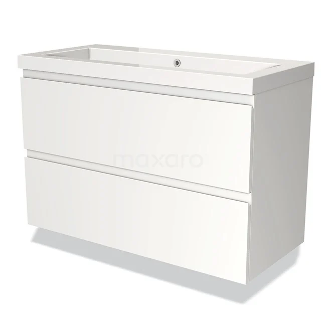 Wit badkamermeubel met twee ruime lades, strakke afwerking en glanzende coating, perfect voor moderne badkamerinrichting.