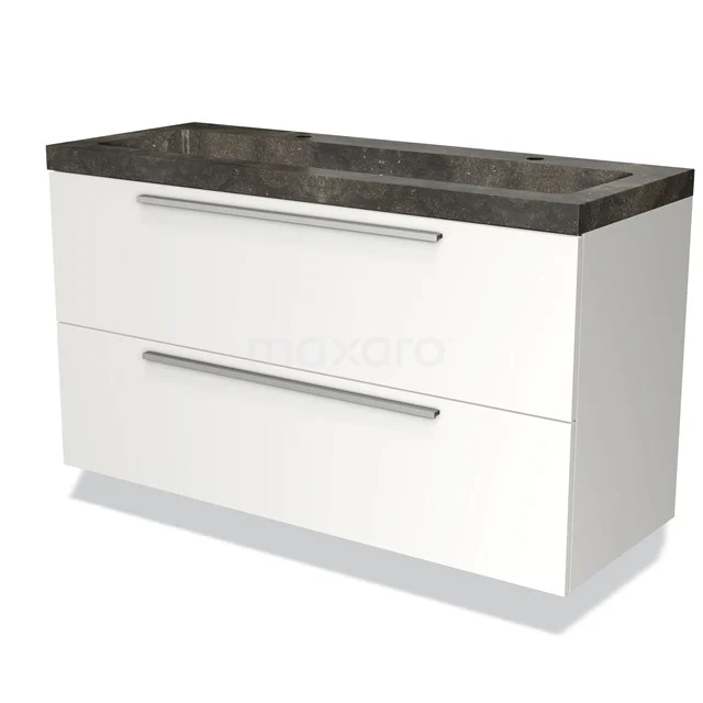 White bathroom unit with double drawers, black marble worktop and silver handles, modern design look.