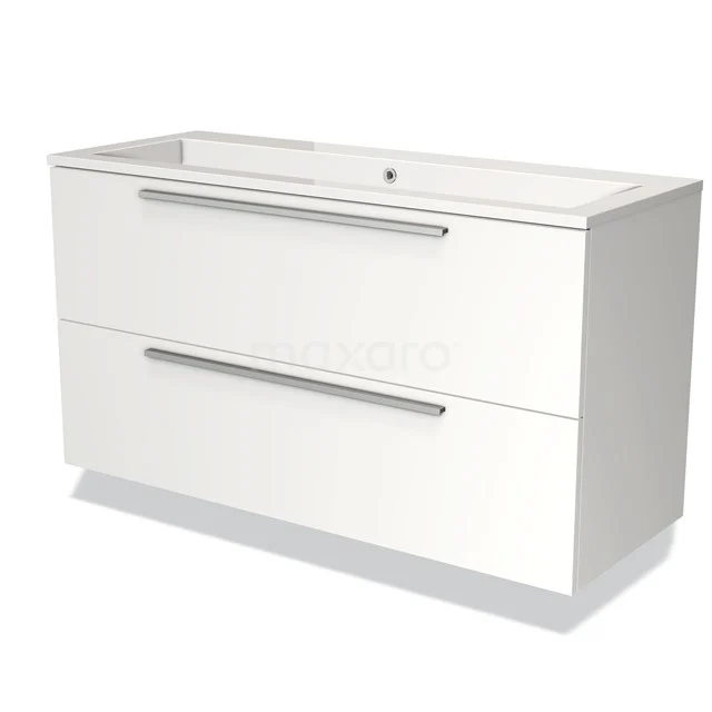 Weißes Badezimmermöbel mit zwei Schubladen, schlankem Design, Edelstahl Haltegriffen und integriertem Waschbecken, ideal für moderne Bäder.