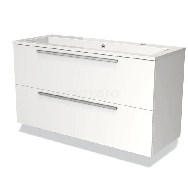 Weißes Badezimmermöbel mit 2 Schubladen, schlichten Metallgriffen und glänzender Oberfläche, ideal für moderne Badezimmergestaltung.