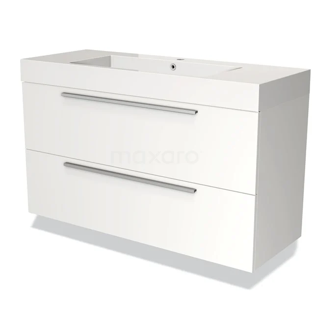 White bathroom furniture set with two wide drawers, metal handles and built-in basin, made of high-gloss MDF material.