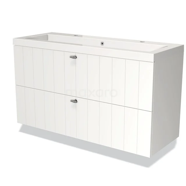 White wooden bathroom unit with built-in basin, modern slatted style and two spacious drawers for bathroom storage.