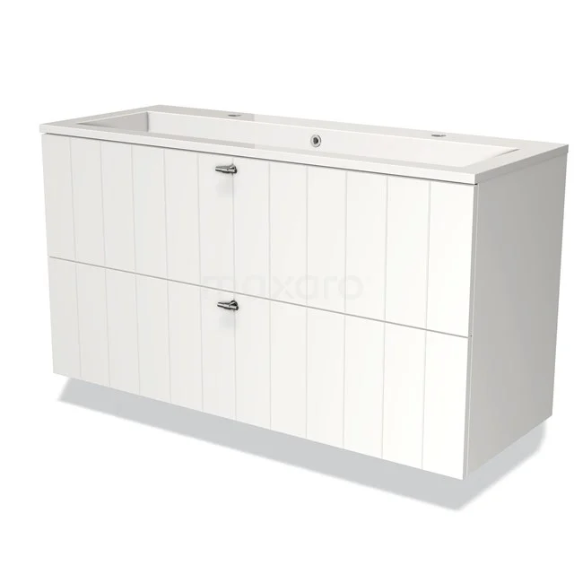White Bathroom unit with ribbed patterns, double drawers and ceramic vanity units with basin; sleek design for modern bathrooms.