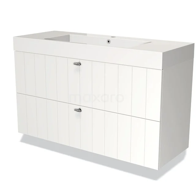 White vanity unit with single basin, wood-look panels and two spacious drawers; perfect for stylish bathroom storage.