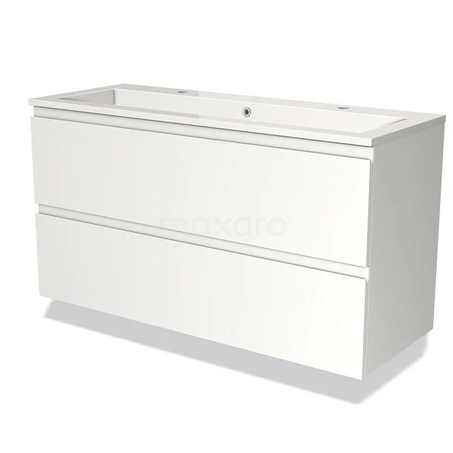 Witte badkamerkast met twee brede lades, strak design, onderdeel van de moderne badkamermeubelserie, vervaardigd uit hoogwaardig MDF.