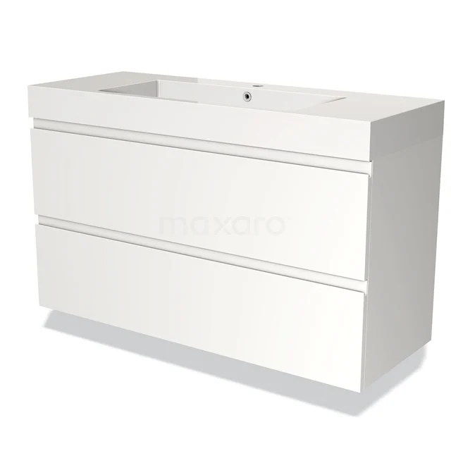 Wit wastafelmeubel met twee lades, moderne uitstraling, perfect voor een strakke badkamerinrichting.