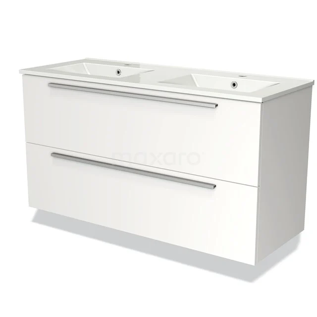 Wit badkamermeubel met dubbele wastafel, strakke lades met chromen handgrepen, modern ontwerp.