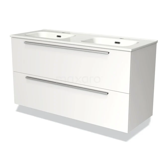 White double vanity unit with sleek drawers and chrome handles, ideal for modern bathroom fittings.