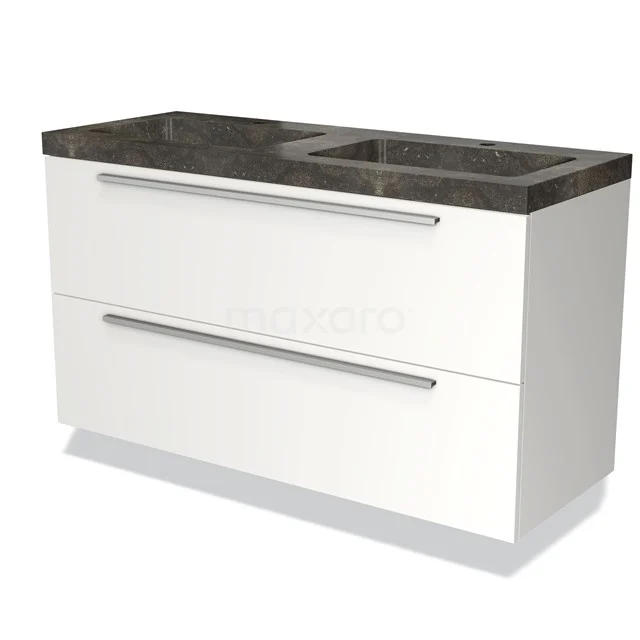 Wit badkamermeubel met twee lades, marmeren wastafelblad en ingebouwde wasbak, modern design.