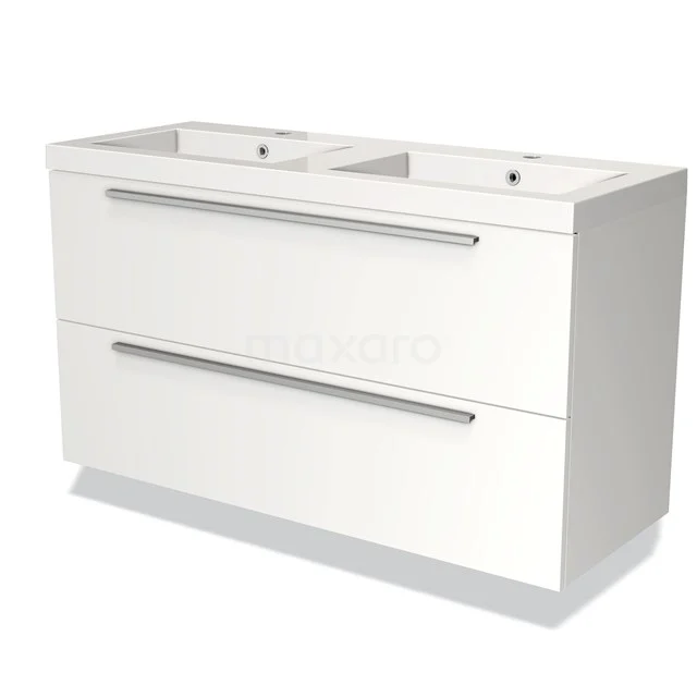 Witte badkamermeubelset met dubbele wastafel, strak design en minimalistische RVS-handgrepen, perfect voor moderne badkamers.