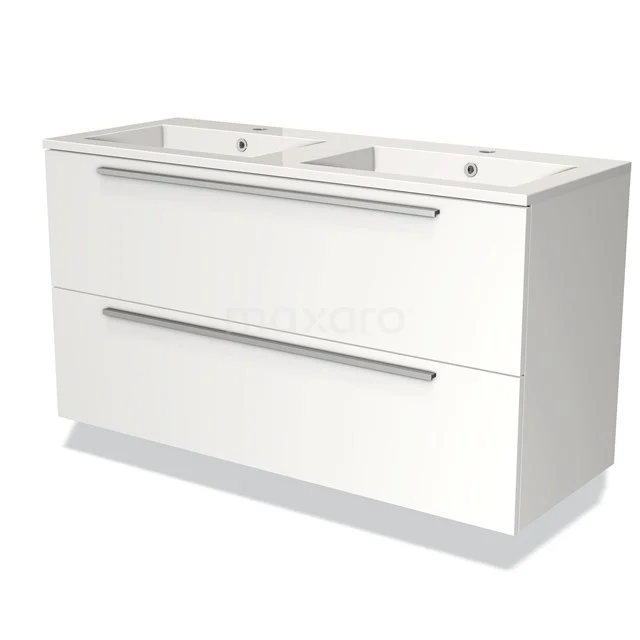 Witte dubbele wastafelmeubel met gelakte afwerking, strakke metalen handgrepen en moderne uitstraling voor de badkamer.