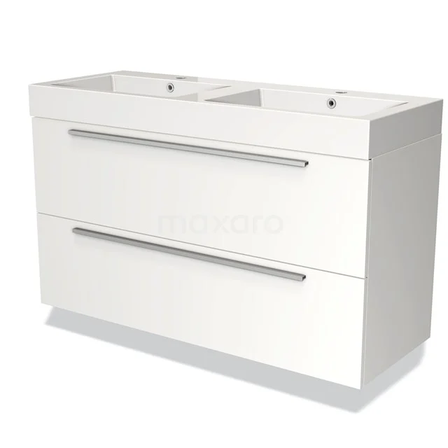 Weißes Doppelwaschbeckenmöbel mit zwei Schubladen, schlankem Design und metallischen Haltegriffen, perfekt für einen modernen Badezimmerstil.