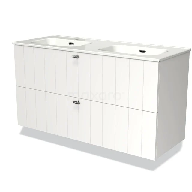 White double basin vanity unit with modern panels, two drawers and ceramic basin, ideal for a stylish bathroom.