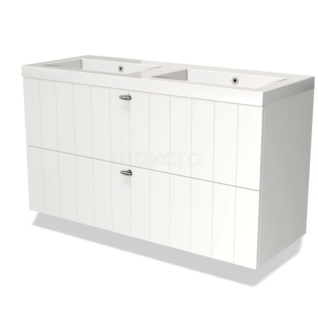 White double vanity unit with panels, two drawers and modern finish; ideal for stylish bathroom storage.
