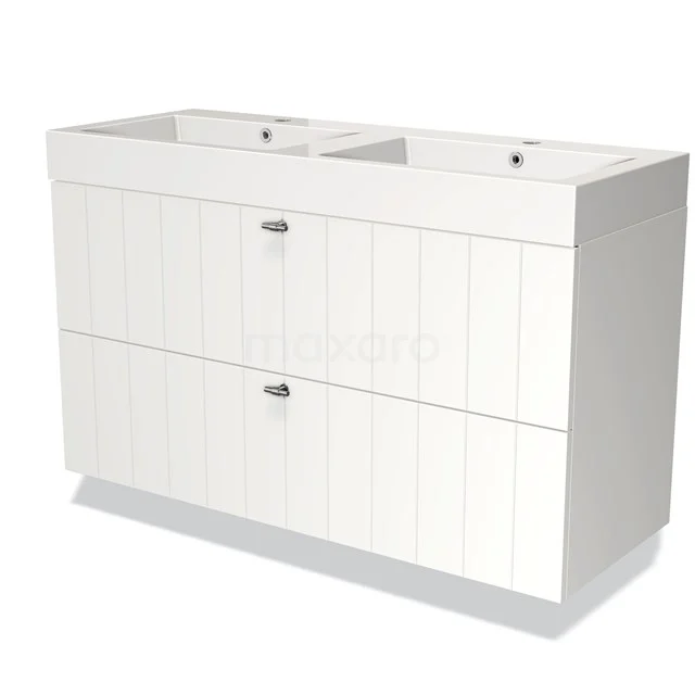 White double bathroom unit with two drawers, panel doors and ceramic vanity units with basin, ideal for modern bathrooms.