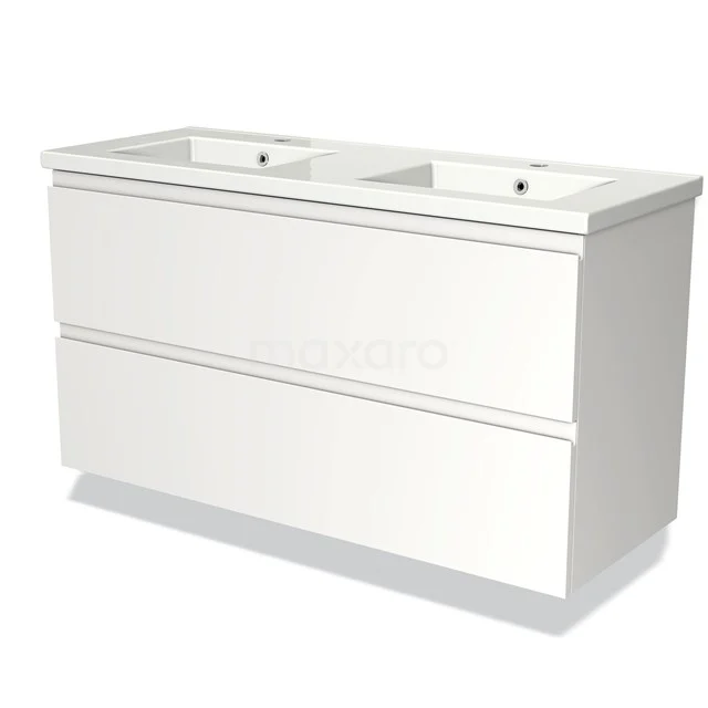 Weißes Badezimmermöbel mit Doppelwaschbecken, modernes Design, zwei Schubladen für Stauraum, ideal für einen modernen Badezimmerstil.