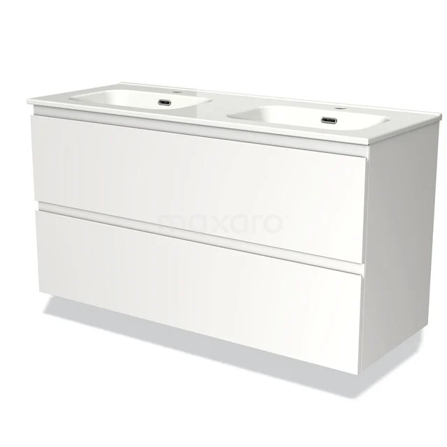 Doppelwaschbecken Möbel Set Weiß, moderner Badschrank mit zwei Schubladen, schlankes Design, perfekt für ein zeitgemäßes Badezimmer.