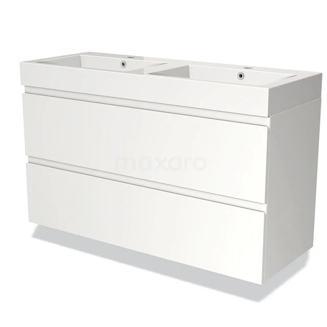 Wit dubbele wastafelmeubel met strak design, kunststof afwerking en twee lades, ideaal voor moderne badkamers.