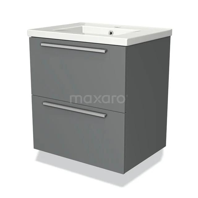 Grijze badkamermeubel met keramische wastafel, twee lades met metalen handgrepen, modern design.