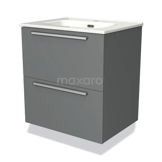 Grijze badkamermeubelset met twee lades en geïntegreerde witte wastafel, modern design met metalen handgrepen.