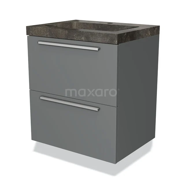 Grey bathroom unit with two drawers, wood-look basin worktop and modern design, ideal for a stylish bathroom design.