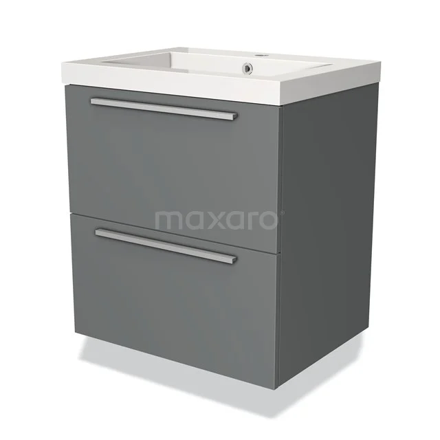 Grijze badkamermeubelset met twee lades, strakke handgrepen en geïntegreerde wastafel, ideaal voor moderne badkamers.