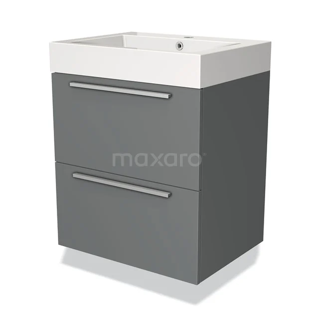 Graue Badmöbelset mit 2 Schubladen und weißem keramischen Waschbecken, modernes Design für stilvolle Badezimmergestaltung.